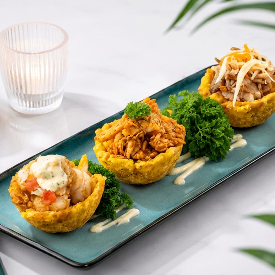 Three golden fried plantain cups filled with seafood and garnishes, arranged on a teal platter with parsley and sauce.