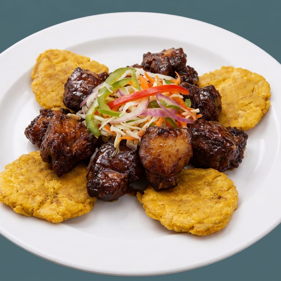White plate of glazed meat pieces, fried plantains, and shredded vegetable salad on a teal background.