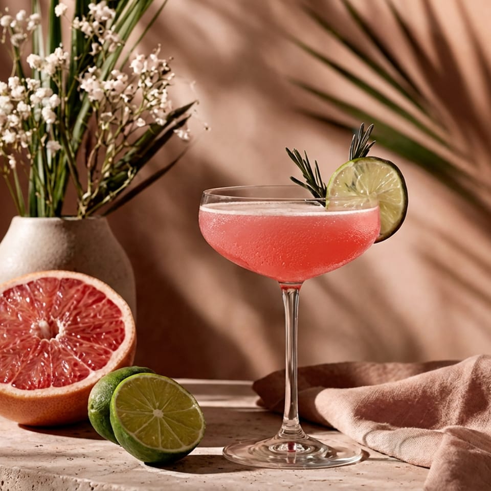 Pink citrus cocktail garnished with lime and rosemary beside grapefruit, limes, flowers, and linen on a sunlit table.