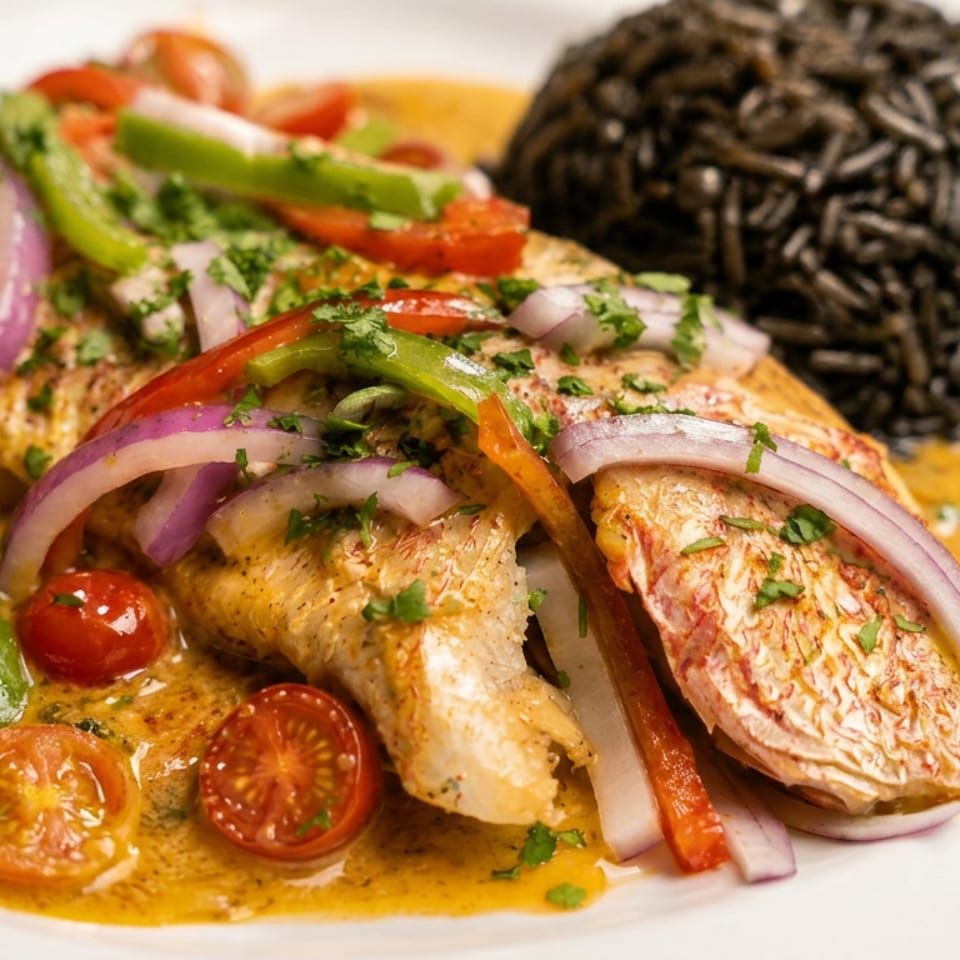Grilled fish topped with peppers, onions, tomatoes, and herbs, served in a golden sauce with black rice.
