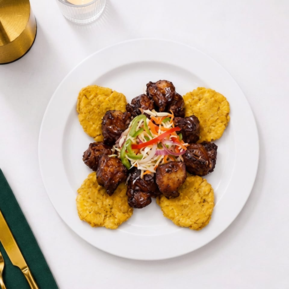 Overhead view of glazed fried bites with shredded vegetables and four golden plantain fritters on a white plate.