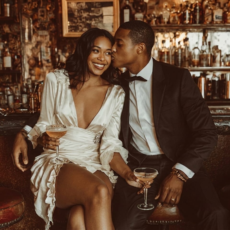 Smiling couple dressed formally share cocktails and affection at a warmly lit, vintage bar.