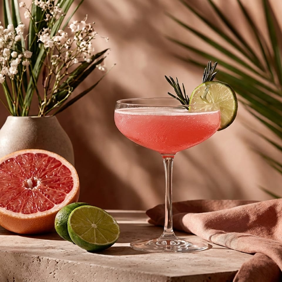 Pink citrus cocktail garnished with lime and rosemary beside grapefruit, limes, flowers, and tropical foliage.