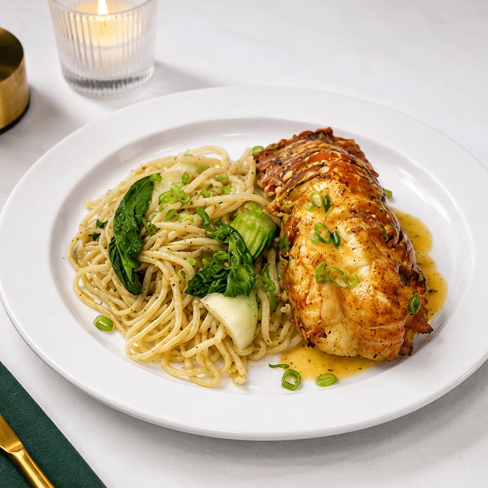 Plated roasted lobster tail with sauced noodles and bok choy, beside gold flatware, a candle, and a gold table lamp.