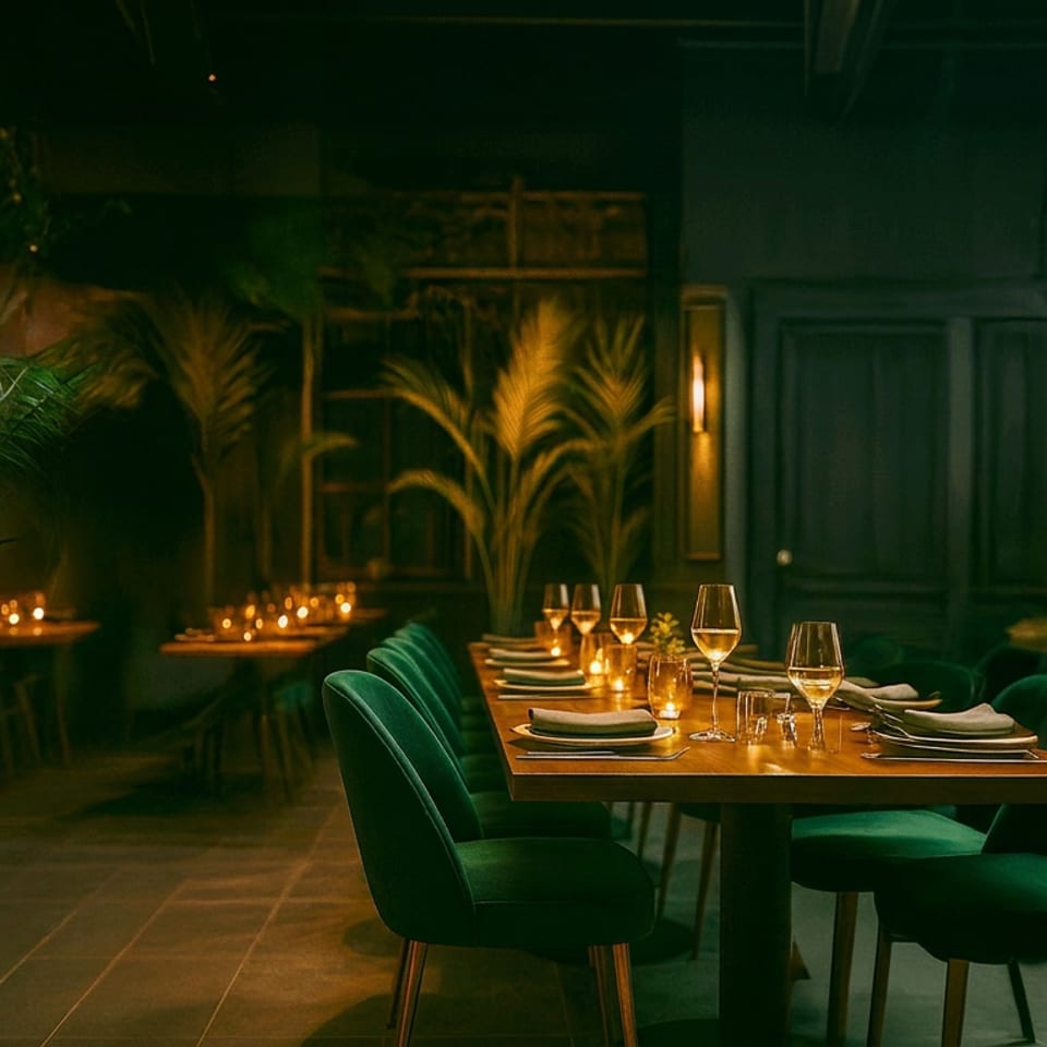 Elegant dimly lit restaurant dining room with candlelit tables, green velvet chairs, lush plants, and neatly set dinnerware.