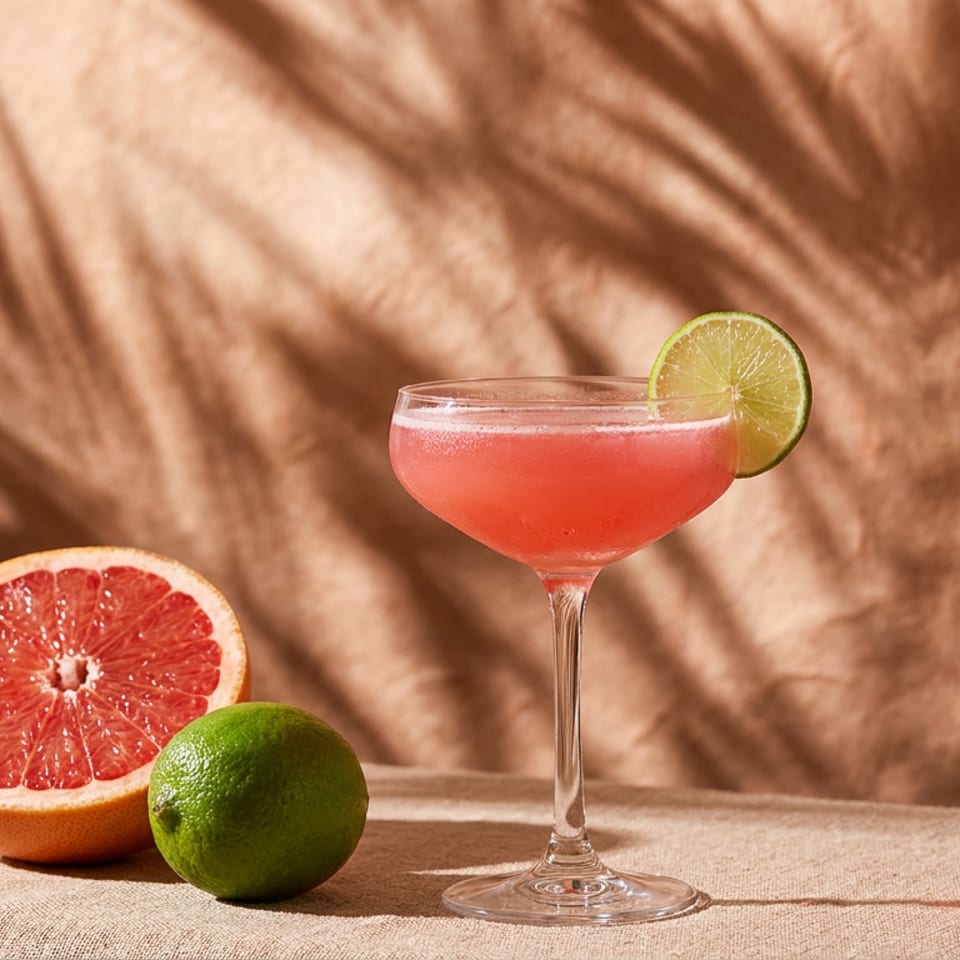 Pink citrus cocktail in a coupe glass with lime garnish, beside a halved grapefruit and whole lime on a sunlit table.