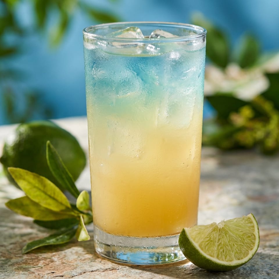 Chilled citrus drink with ice in a glass, accompanied by a lime wedge and green leaves on a sunlit patio table.